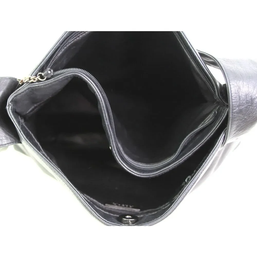 Field Manor BLACK GENUINE LEATHER TWO COMPARTMENTS SHOULDER BAG HOBO HANDBAG